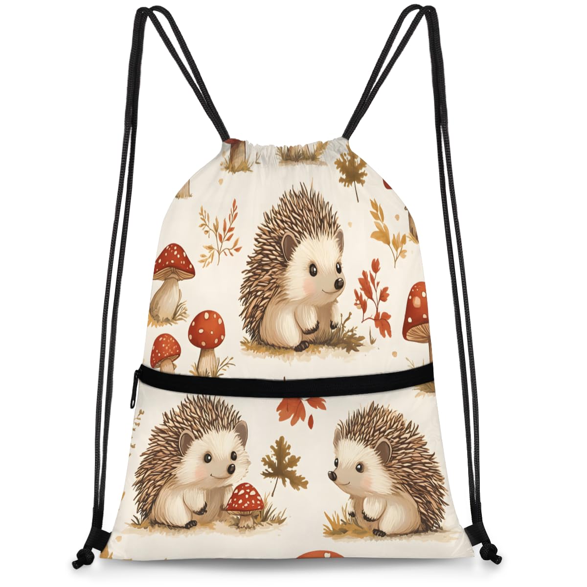 QsirBC Mushroom And Hedgehogs Drawstring Bag for Men &amp; Women, Gym Sports Backpack with Zipper Pocket, Lightweight String Sackpack for Travel, Running, Hiking, Workout
