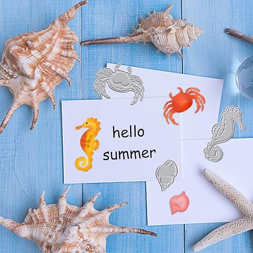 Miniatura 5 de Hying Troqueles de metal de animales marinos y estrellas de mar para hacer tarjetas, caracola, cangrejo de coral, troqueles de caballito de mar,