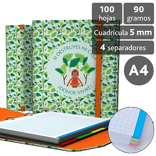 Grafoplás 88212630 4-Ring Binder with Flap, A4, Flap and Elastic Closure, Includes Refills and Dividers, Wise Planet, Monkey - Image 4