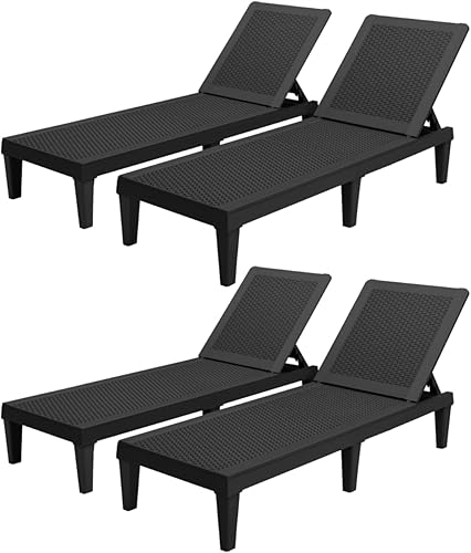 Greesum Juego de 4 tumbonas ajustables en ángulo para exteriores para todo tipo de clima, para playas, jardines, cubiertas y piscinas, color negro