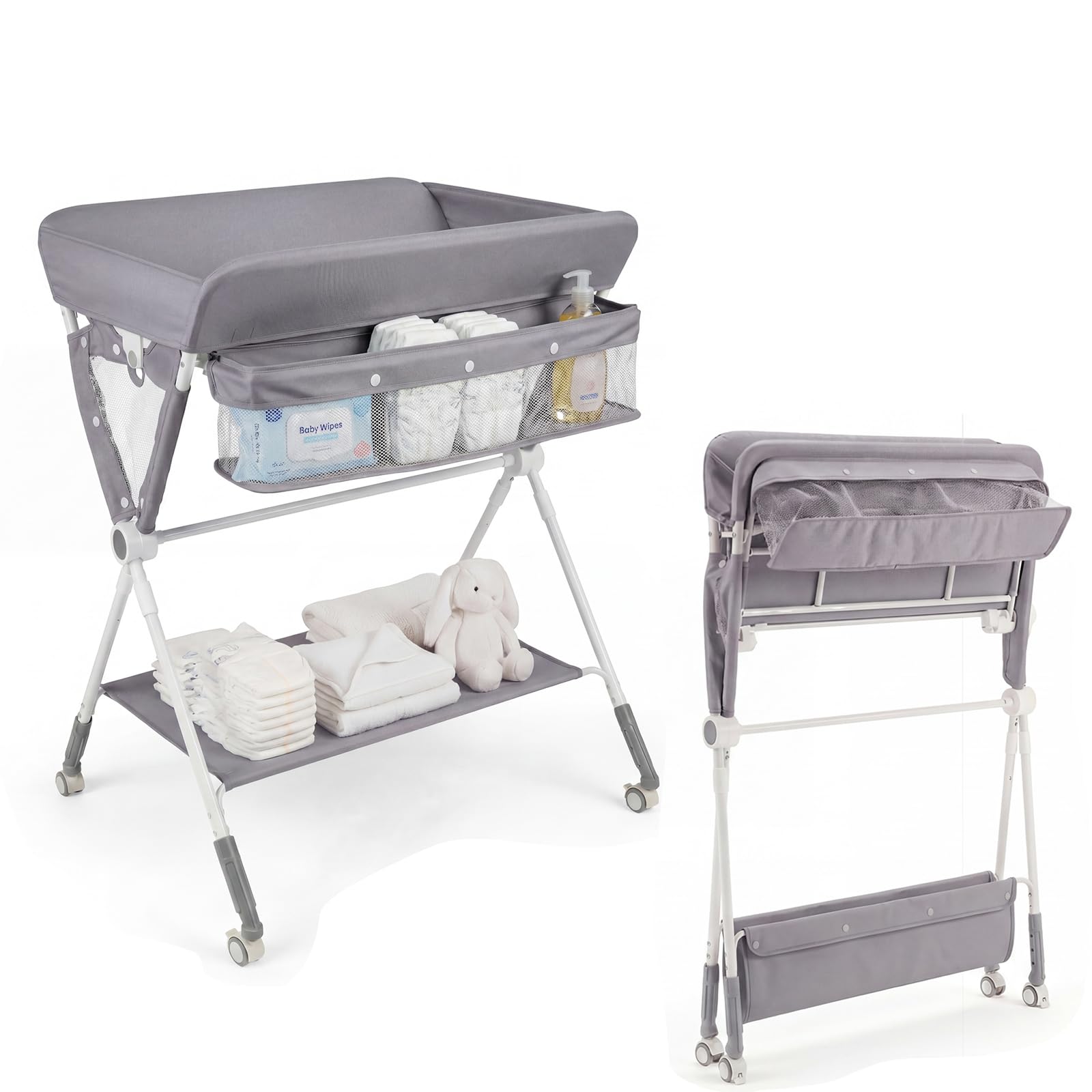 LIFEZEAL Fasciatoio Neonato, con Cestino Portaoggetti, Cintura di Sicurezza e Ruote, Regolabile in Altezza con Cesto Portaoggetti, per Bambini 0-12 Mesi, Portata 11 kg (grigio)