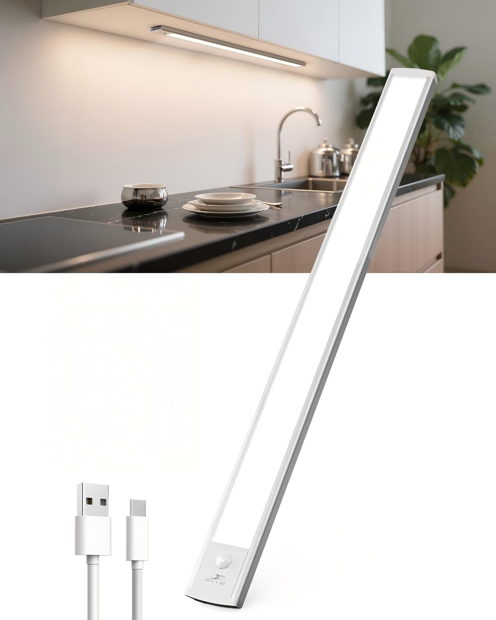TANSOOL+ Schrankbeleuchtung LED Lampe mit Bewegungsmelder - 60cm USB-C Aufladbar Unterbauleuchte Küche Licht - Dimmbar kabellos Nachtlicht für Küche, Treppe, Schrank - 1 Stück
