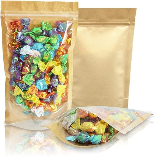 Miniatura 7 de BEISHIDA Paquete de 100 bolsas resellables de 3.5 x 5.5 pulgadas, bolsas de papel kraft con ventana transparente, bolsas de papel kraft marrón