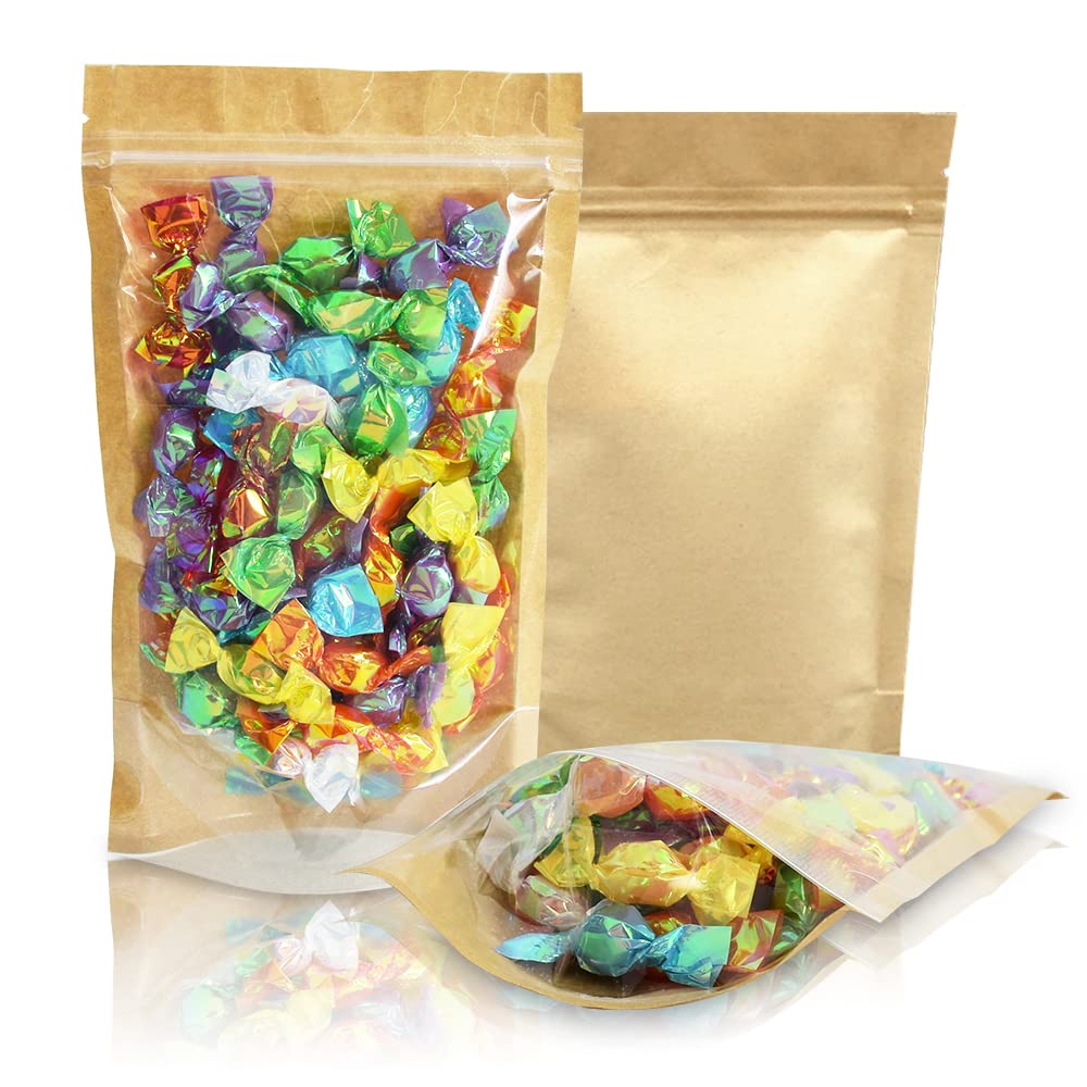 BEISHIDA Self-Sealing Resealable Kraft Paper Plastic Bags Reusable Stand Up Ziplock Pouches Bags for Food Storage Beans Coffee Cookie Snack Dried Flowers Tea 5 x 8 Inch, Pack of 50 (Kraft Brown)