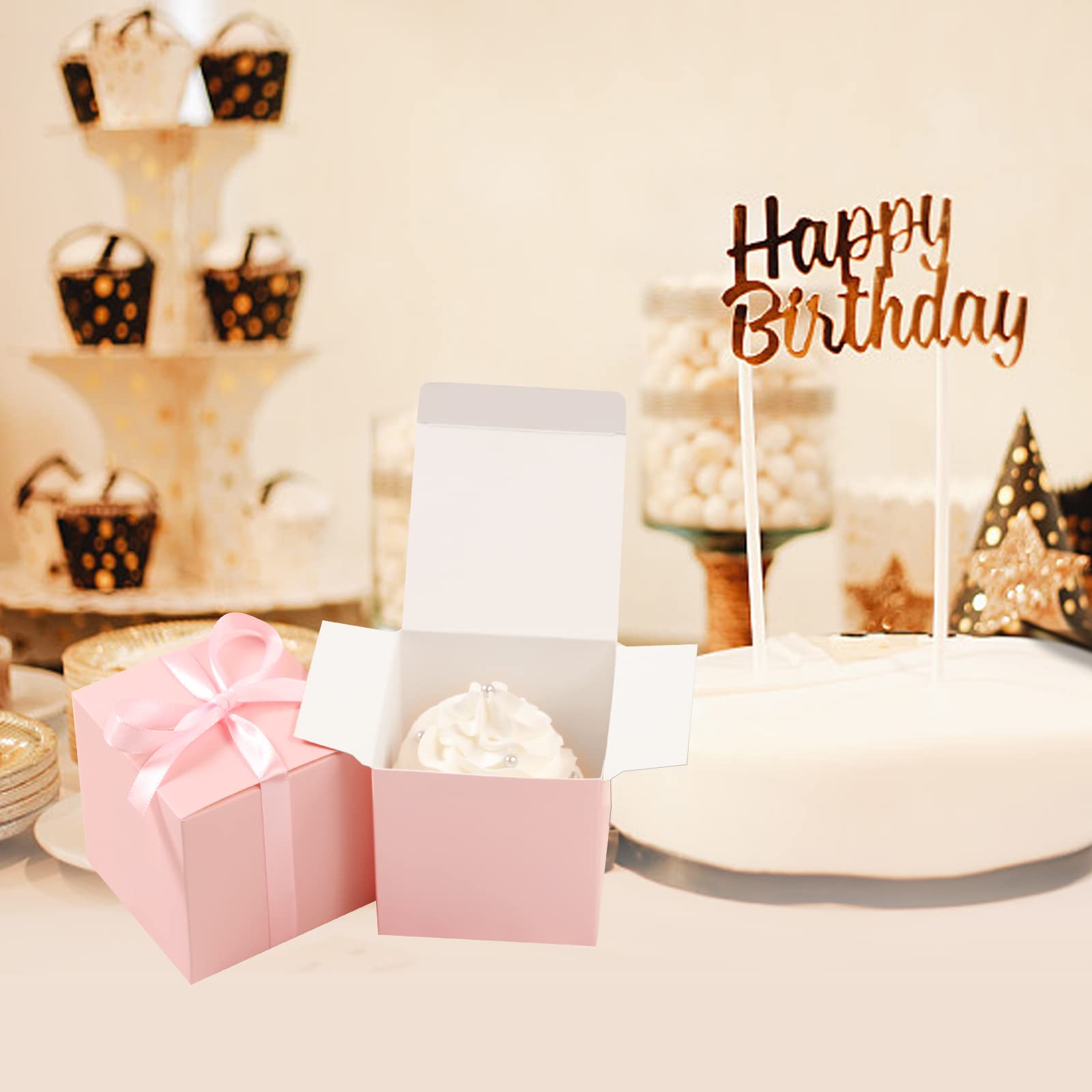 COTOPHER Małe pudełka na prezenty, pudełka na prezenty, 5 x 5 x 5 cm, papierowe pudełka na prezenty ze wstążkami, pudełko na cukierki, na ślub, baby shower, wieczór panieński, przyjęcie urodzinowe