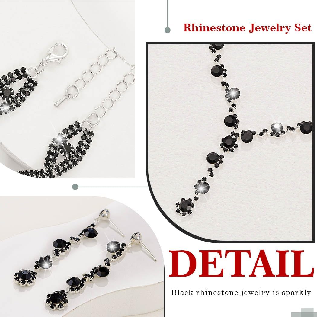 Sixexey Black Jewelry Set Rhinestone Jewelry Sparkly Prom Jewelry Necklace for Women - Image 6