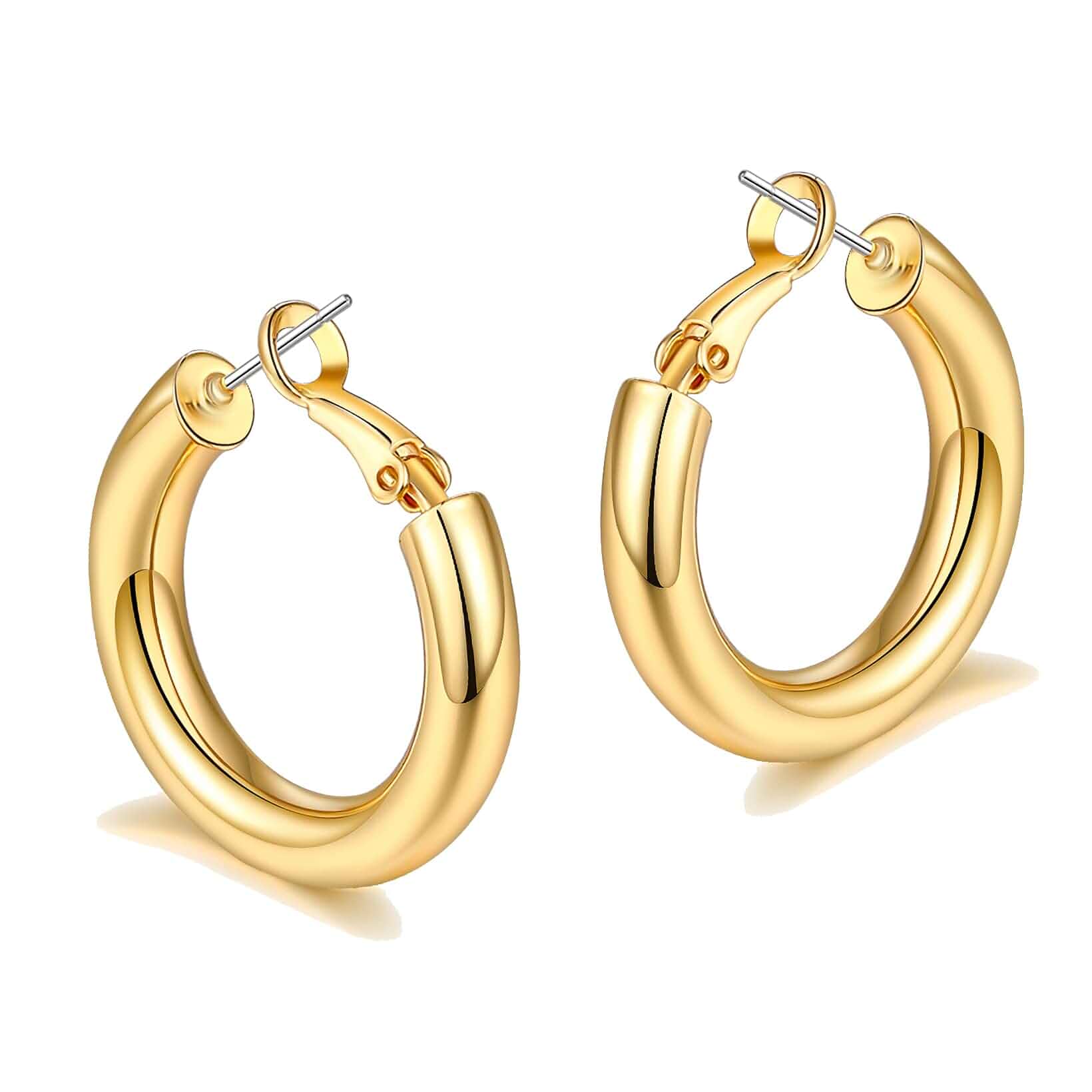 sovesi Chunky Hoop Earrings for Women, 14K Gold Plated Thick Hoops 5mm Thick Hollow Tube Chunky Lightweight Hypoallergenic Hoop Earrings for Women