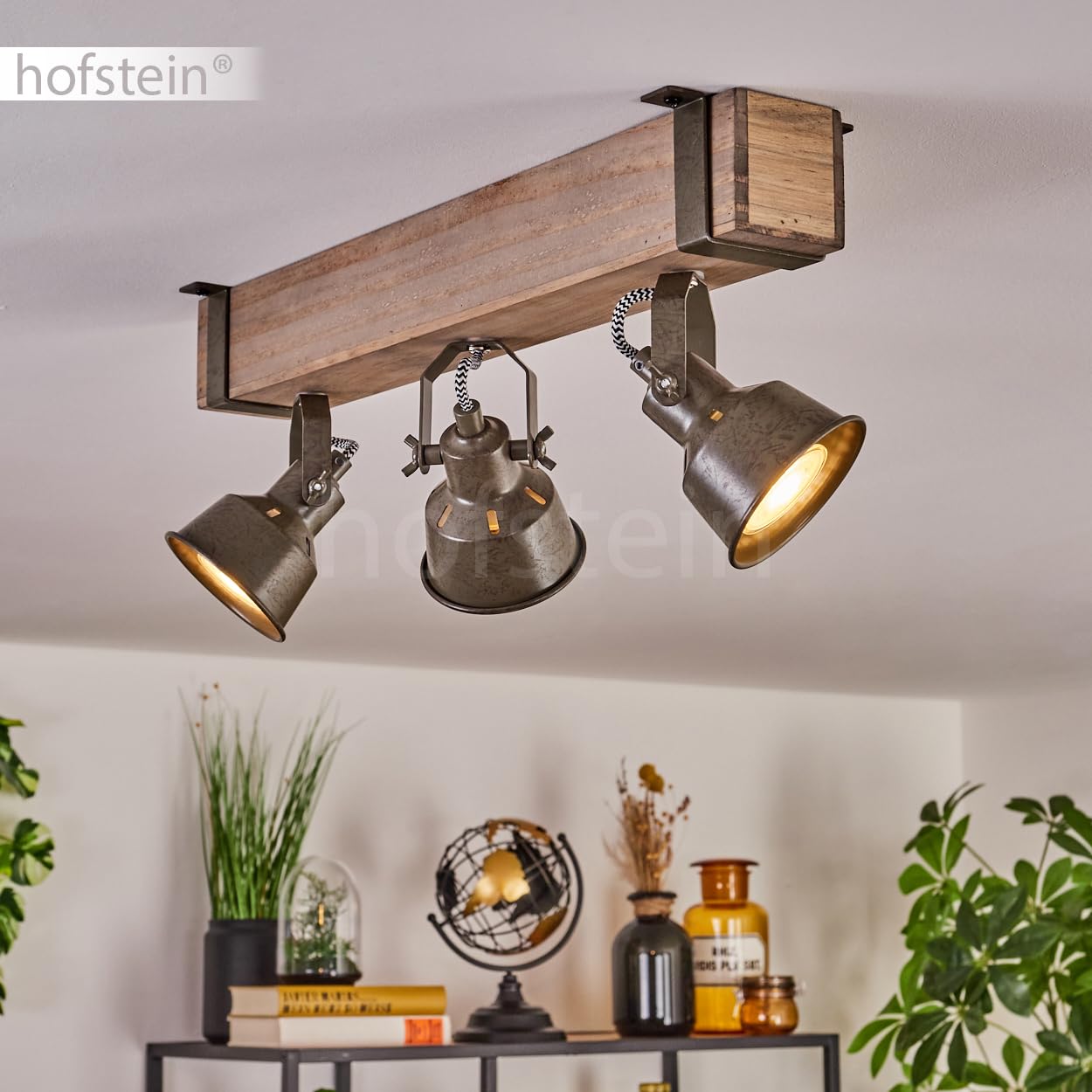 Deckenleuchte Pehefito, moderne Deckenlampe aus Metall/Holz in Grün-Grau/Natur, Deckenleuchte im Industrial Design mit verstellbaren Schirmen, 3-flammig, 3 x GU10 ohne Leuchtmittel