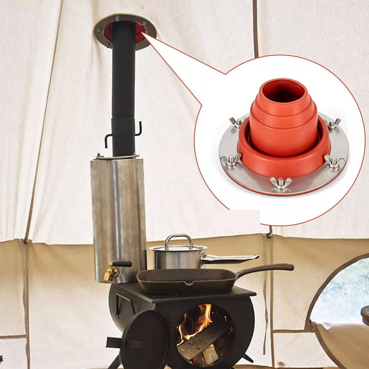 ACESOME Tent Flashing Kit, Heat Resistant Tent stove Jack Kit, with Silicone Pipe Resistant +Stainless Steel Base - Image 4
