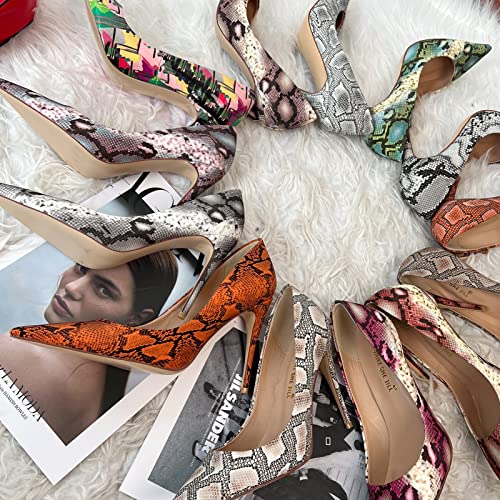 FSJ Women Classic Pointed Toe Snakeskin High Heels Pumps Slip on Stiletto Sparkling Animal Printing Sexy Lady Club Party Evening Dress Shoes Size 4-15 US4