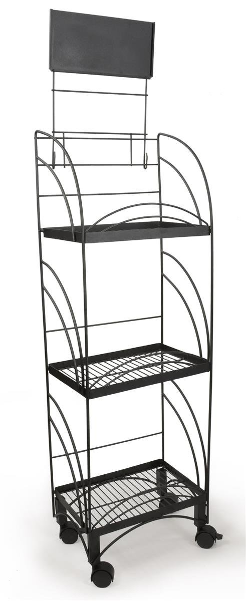 14.5" w Wire Shelving Unit with Locking Wheels, 3 Display Levels, Retail Store Fixture Includes Removable Sign Holder (Black)