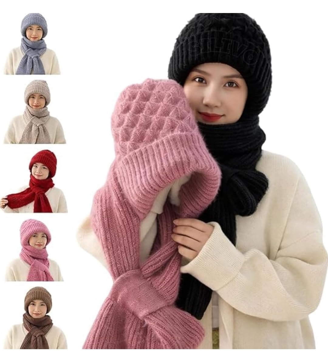 Women’s Soft Knitted Winter Hat with Attached Muffler, Woollen Multicolor Cap & Neck Scarf Combo for Girls and Ladies with Windproof Ear Protection-image-46