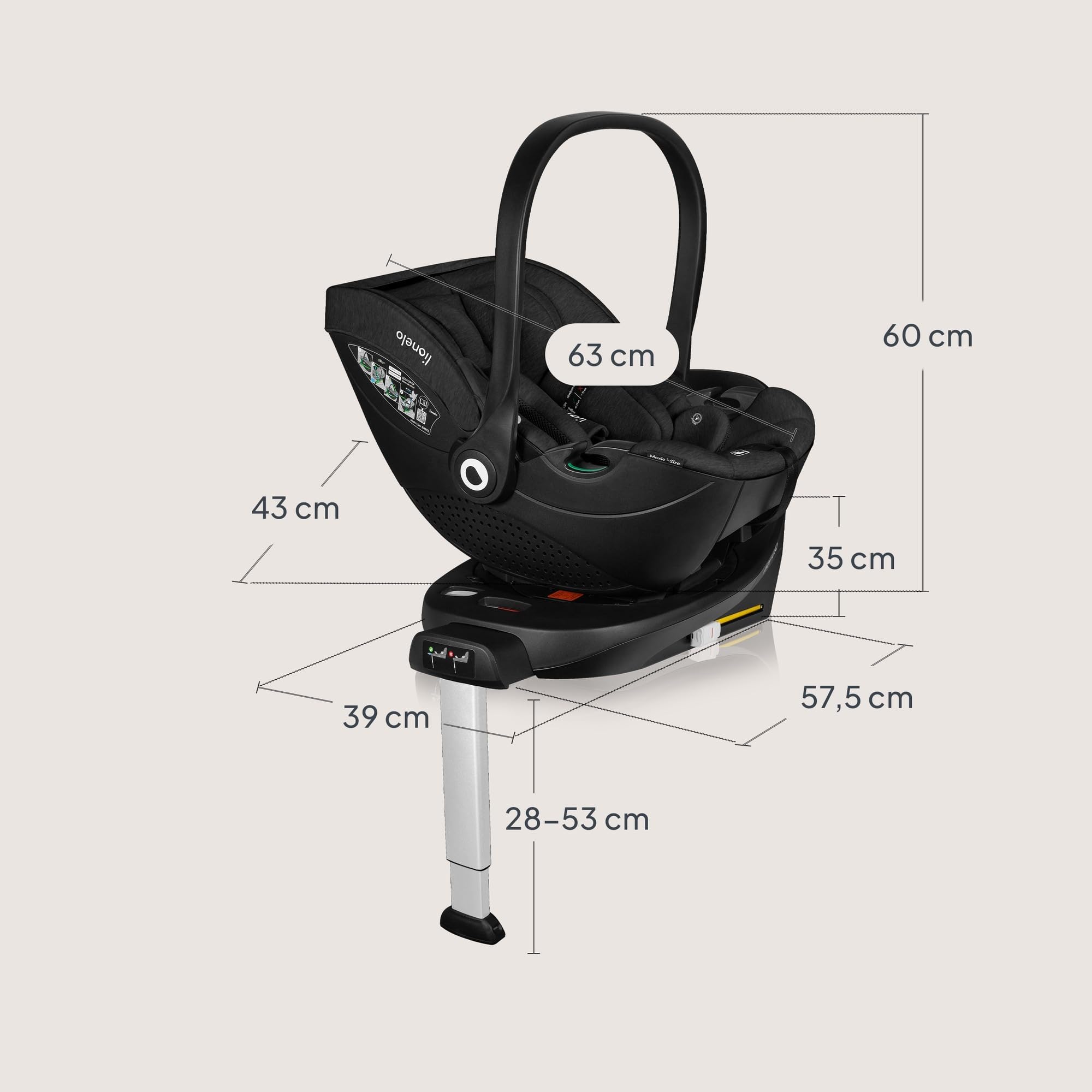 LIONELO MOXIE i-Size SET Dziecięcy Fotelik Samochodowy z Bazą 40-87 cm Nosidełko dla niemowląt Montaż ISOFIX i Noga Stabilizacyjna Ochrona Boczna, Regulacja Zagłówka Wkładka Dri-Seat