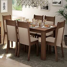 Conjunto Sala de Jantar Mesa Tampo de Madeira com 6 Cadeiras Rustic/Crema/Sintético Bege Jaíne Madesa