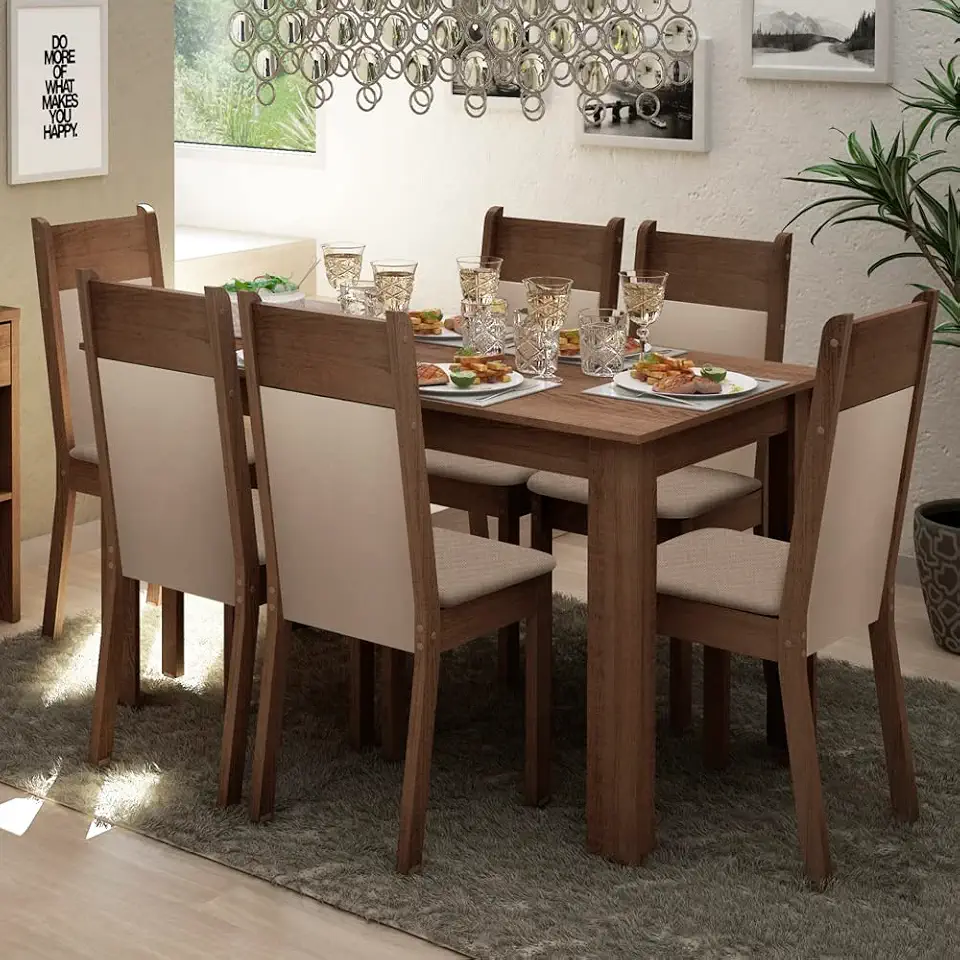 Conjunto Sala de Jantar Mesa Tampo de Madeira com 6 Cadeiras Rustic/Crema/Sintético Bege Jaíne Madesa