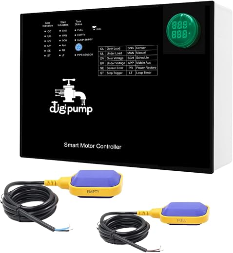 Digipump Fully Automated WiFi Motor control Smart Switch for Water Pump + 2 Wired Tank Sensors, Guaranteed Schedules, Ener...