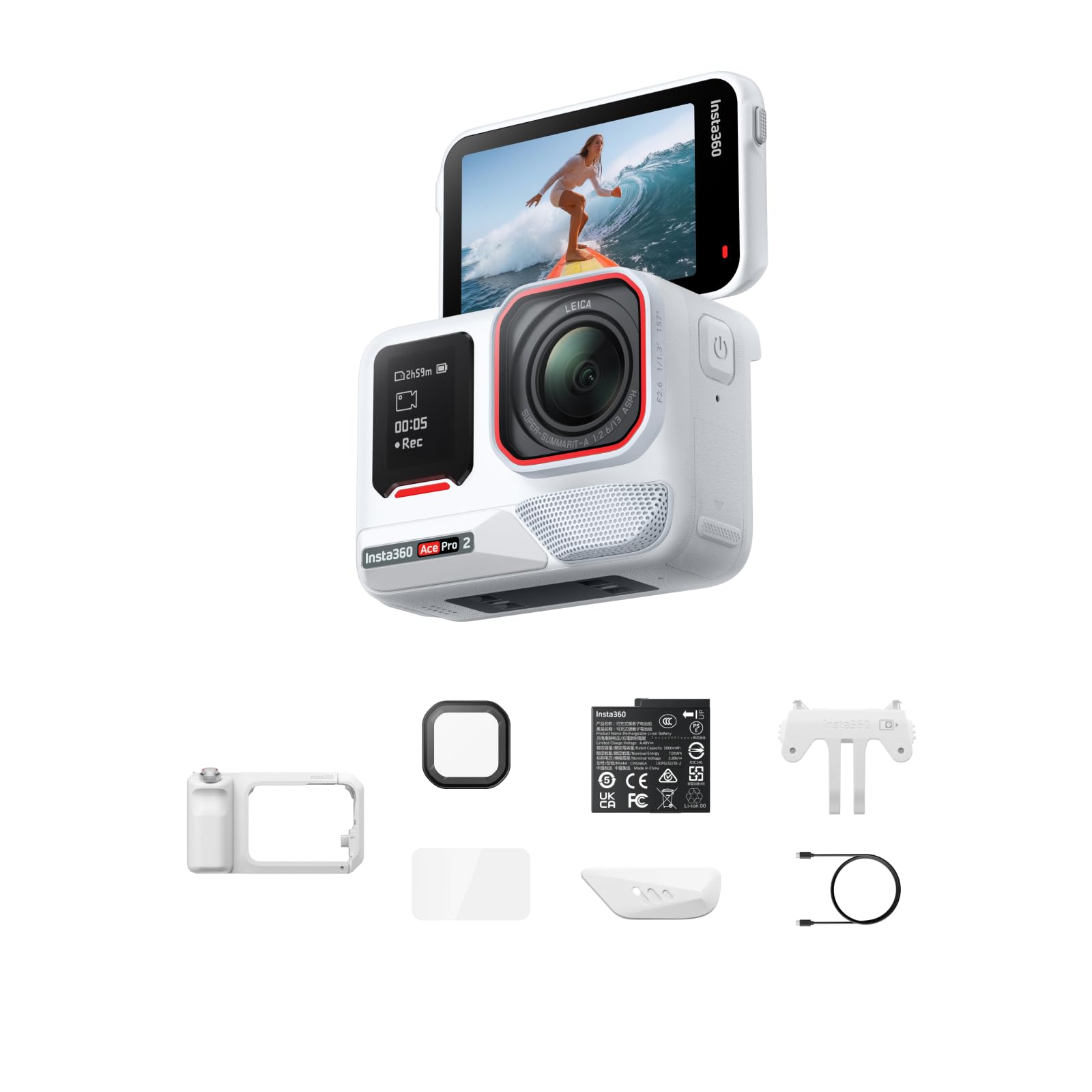 Insta360 Ace Pro 2 Polarweiß Limited Edition Xplorer Mist-Bundle – wasserdichte 8K Action-Cam, mit Leica entwickelt, 1/1,3"-Sensor, führend bei wenig Licht, Xplorer Pro-Grip-Kit für Fotografie