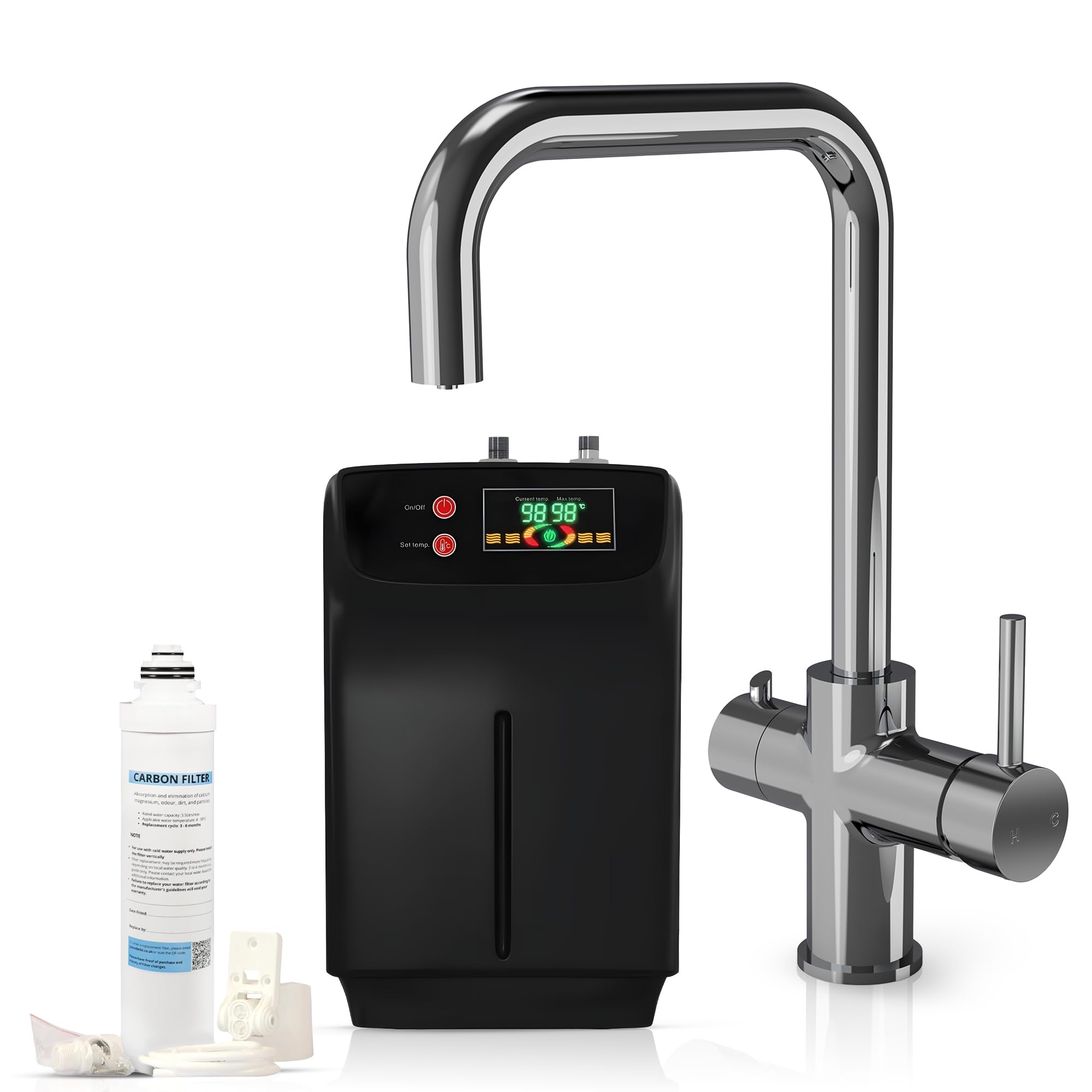 Excel Home 3 in 1 Instant Boiling Water Tap with 2.4L Boiler & Carbon Filter – Hot Cold & Filtered 98° Boiling Water - Under Sink Hot Water Boiler 3 Way Kitchen Tap (Chrome)