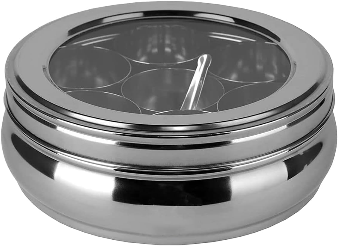 INKULTURE Stainless Steel Masala Box For Kitchen, Belly Shaped And Capacity 1.5 Liter | Spice Box/Masala Dabba/Namak Dani With See Through Lid, 07 Containers And Spoon | Anjarai Petti