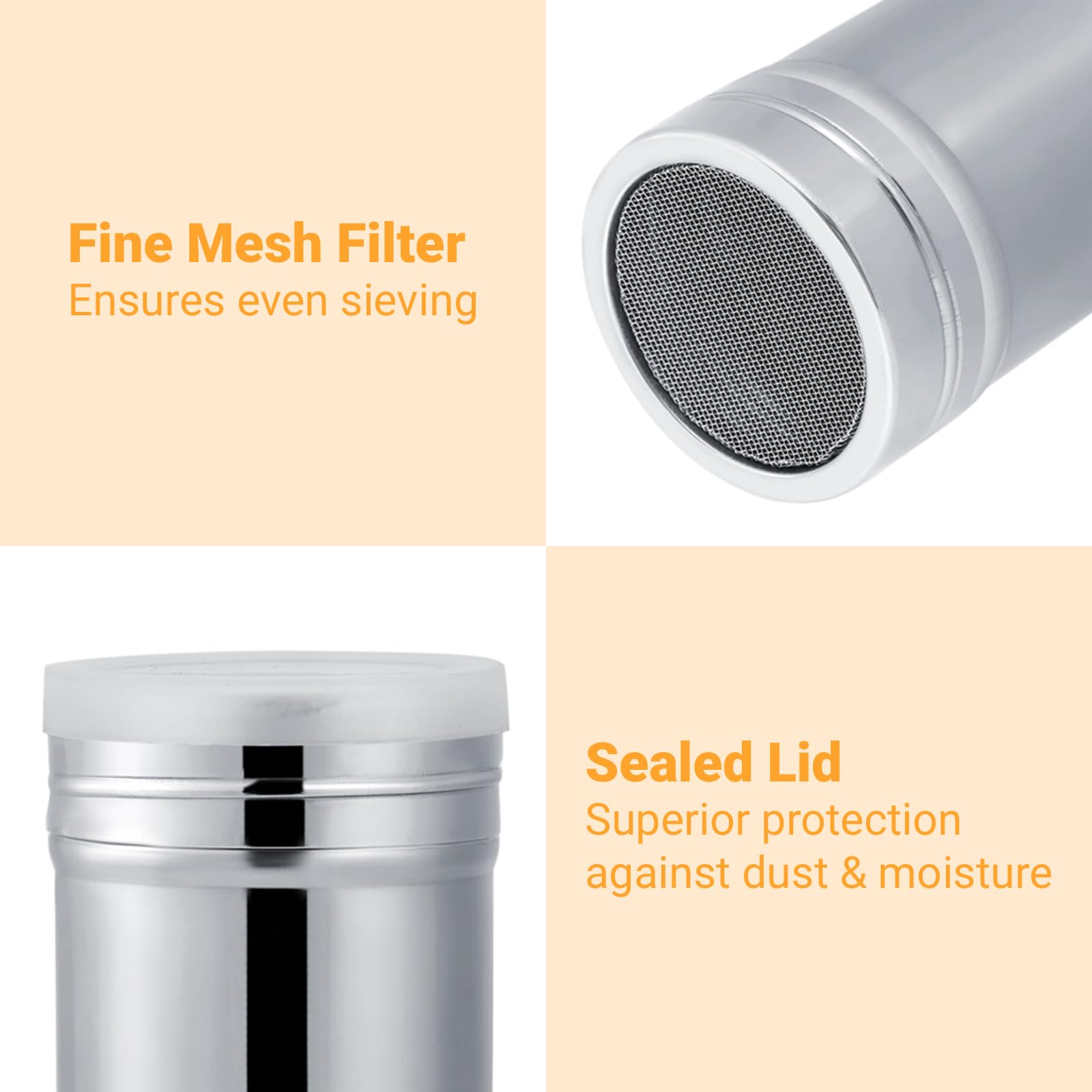 Polvere Zucchero Shaker Spolverino, Spargi Zucchero a Velo in Acciaio Inox, a maglia fine, per Pepe, Cacao, Ecorazione Torte e Affè Cappuccini