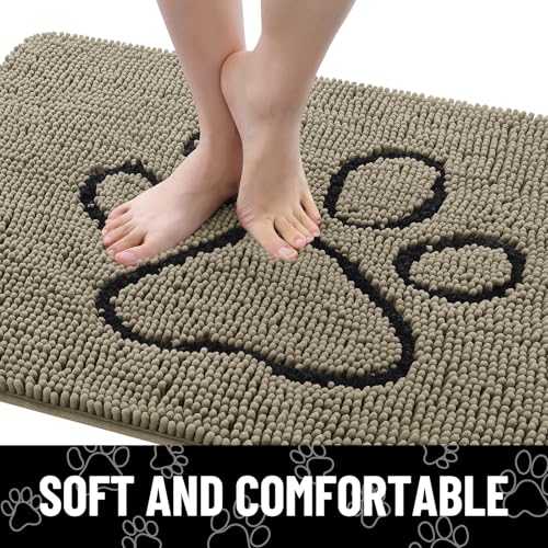 Image of Smiry Dog Door Mat for Muddy Paws, Absorbent Dirt Trapper Non Slip Quick Dry Washable Chenille Mat for Mud Dogs, Entry Rug for Indoor and Outdoor (30x20 Inches, Warm Taupe and Black)