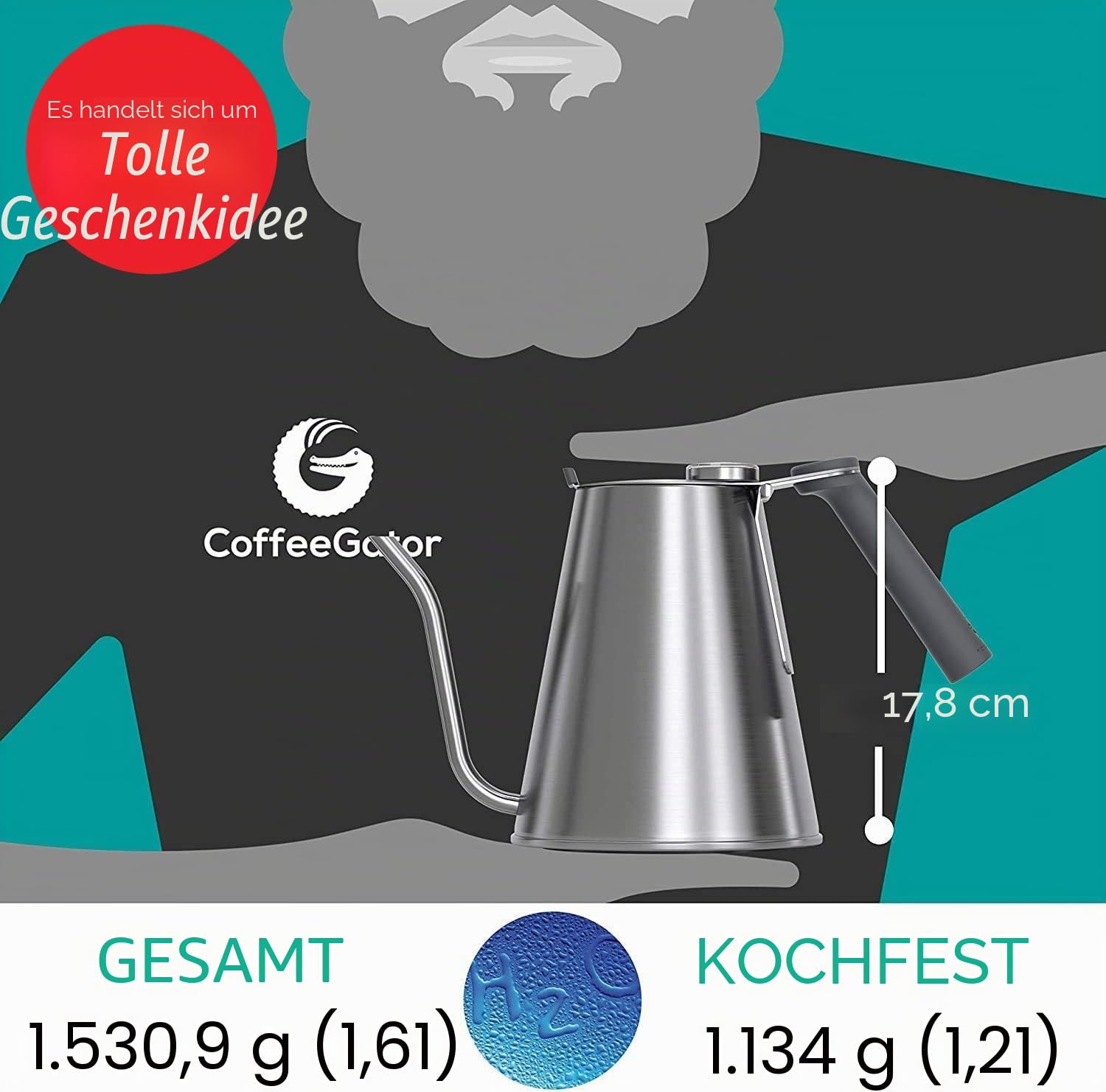 Schwanenhals-Wasserkocher mit Thermometer -1.6 L Premium-Edelstahl-Wasserkocher, Herdplatte, mit Präzisions-Tropfauslauf, für Filterkaffee, French Press, Teekocher