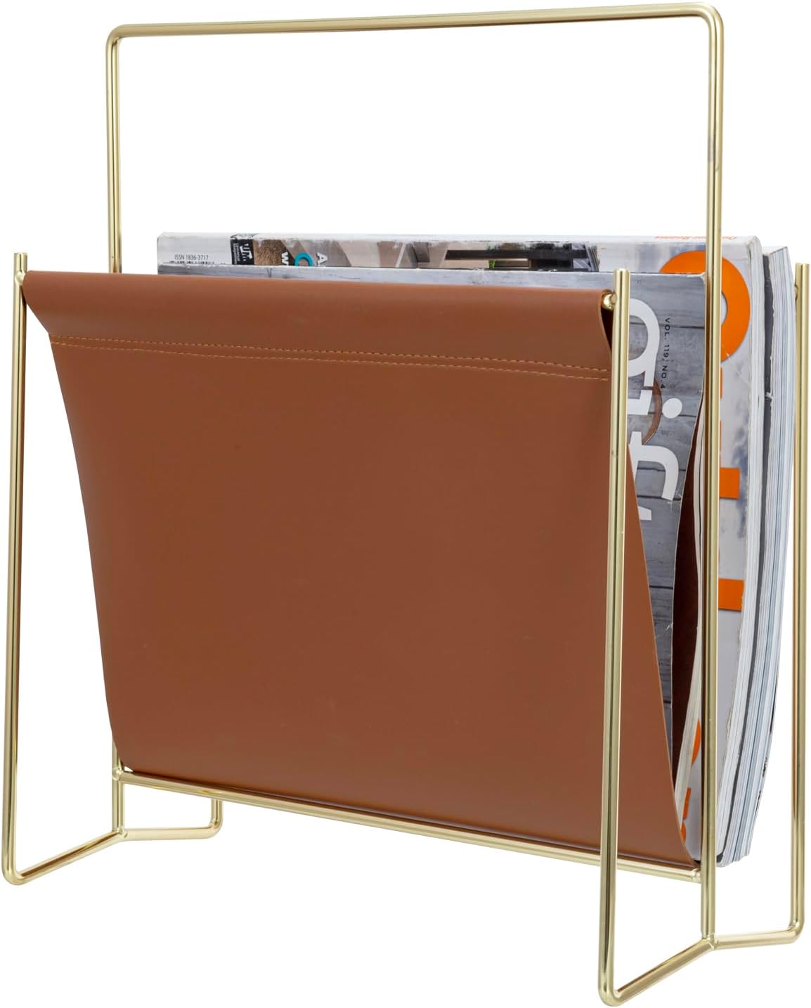 Modern Caramel Leatherette Magazine Holder with Brass Tone Metal Frame