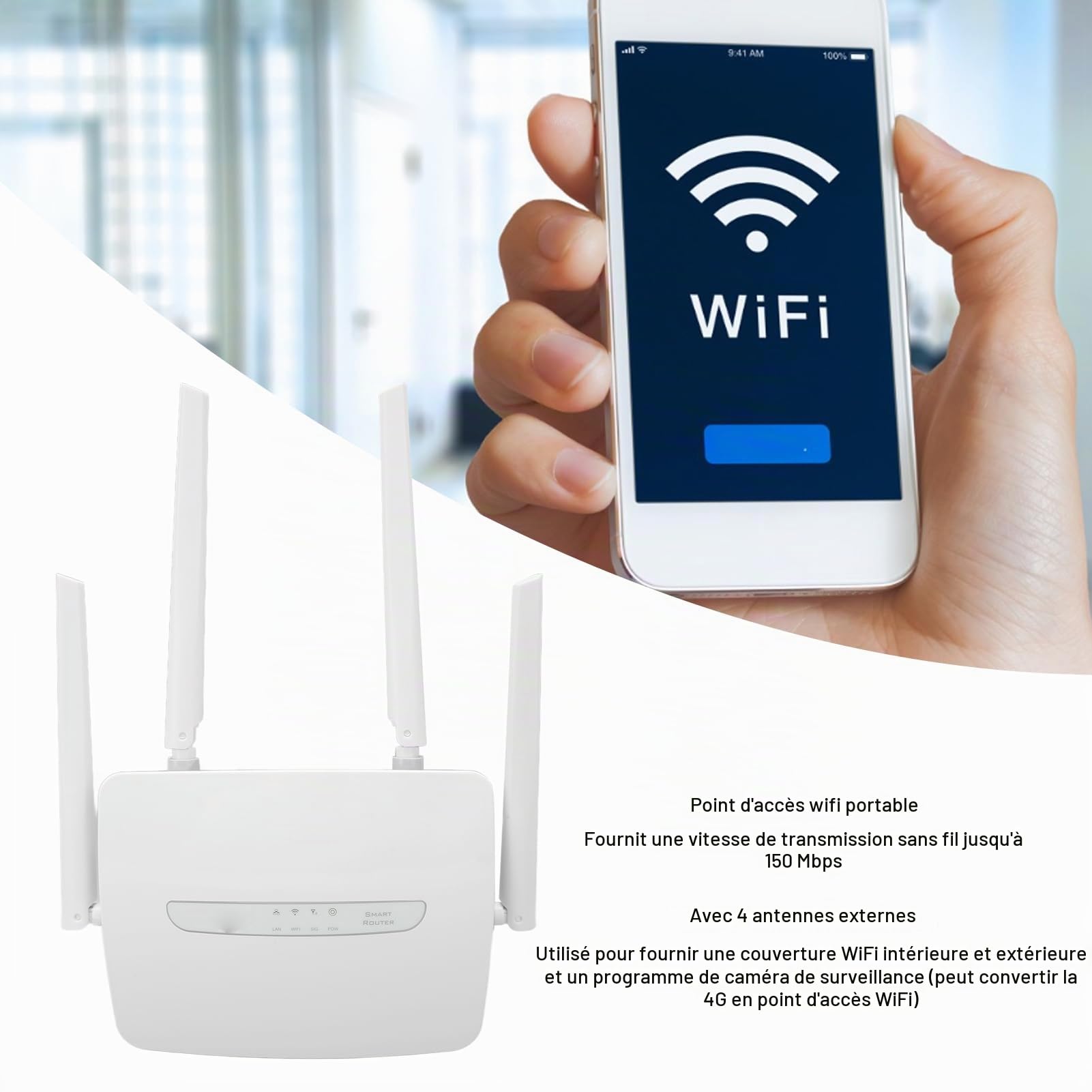 Modem Routeur 4G LTE, Point D'accès WiFi Mobile avec Emplacement pour Carte SIM, 4 Antennes Externes, Prend en Charge la Connexion WiFi et Filaire, Partage de 32 (Prise UE