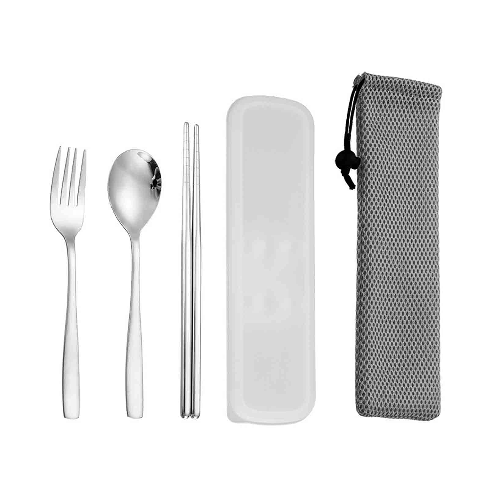 Stainless Steel Cutlery Set, Reusable Flatware, Elegant Dinnerware Set Include Chopsticks, Forks, Spoons, Mirror Finished And Dishwasher Safe, Portable, With Storage Box, Net Bag (Color : Silver)