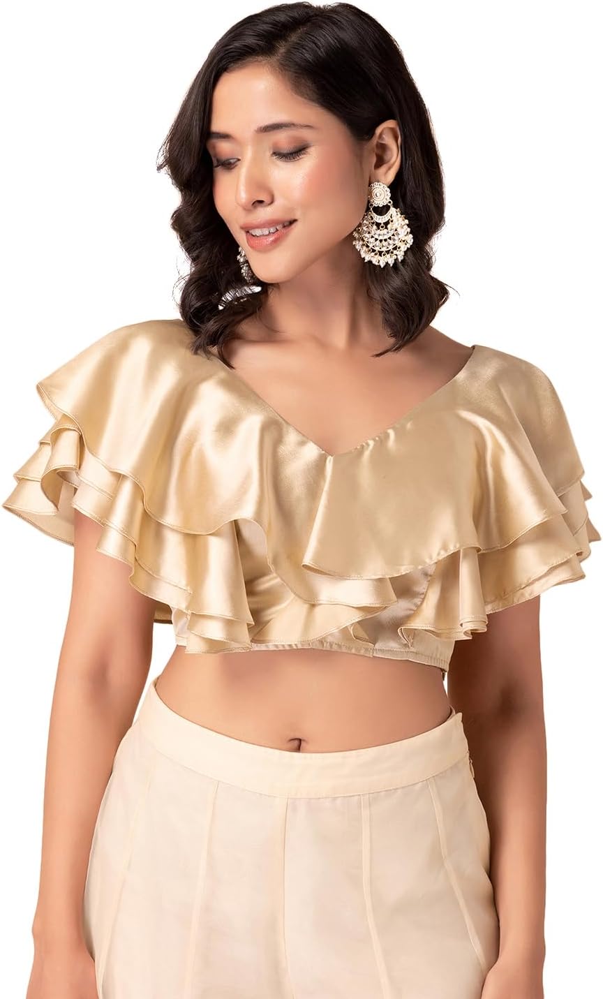 IndyaWomen's Gold Satin Ruffled Blouse