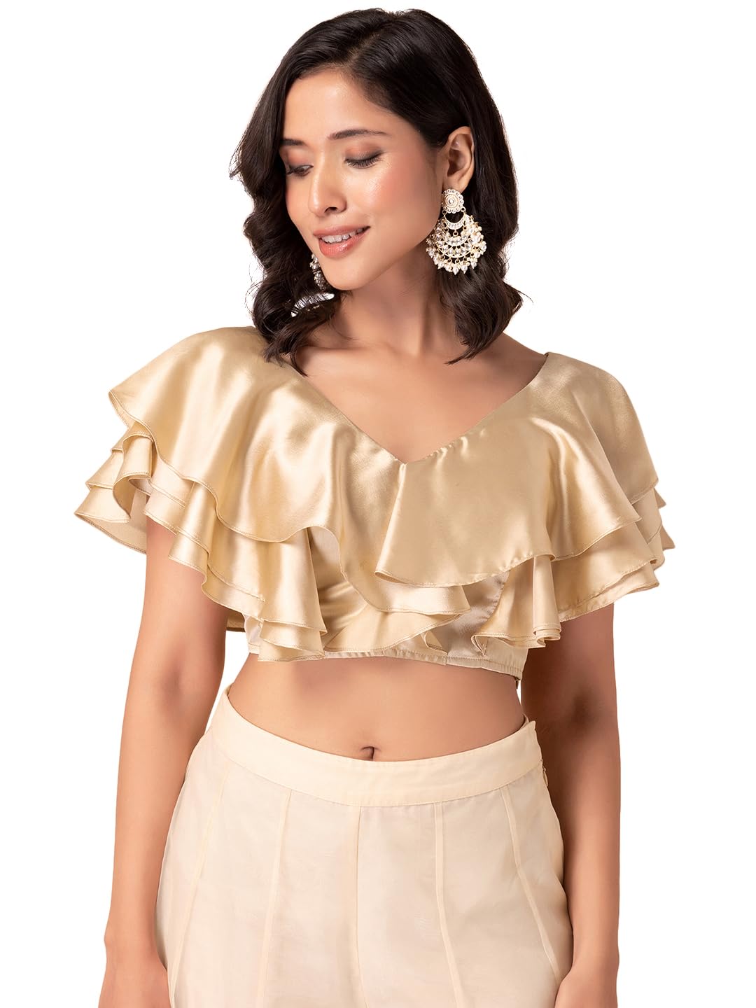 IndyaWomen's Gold Satin Ruffled Blouse