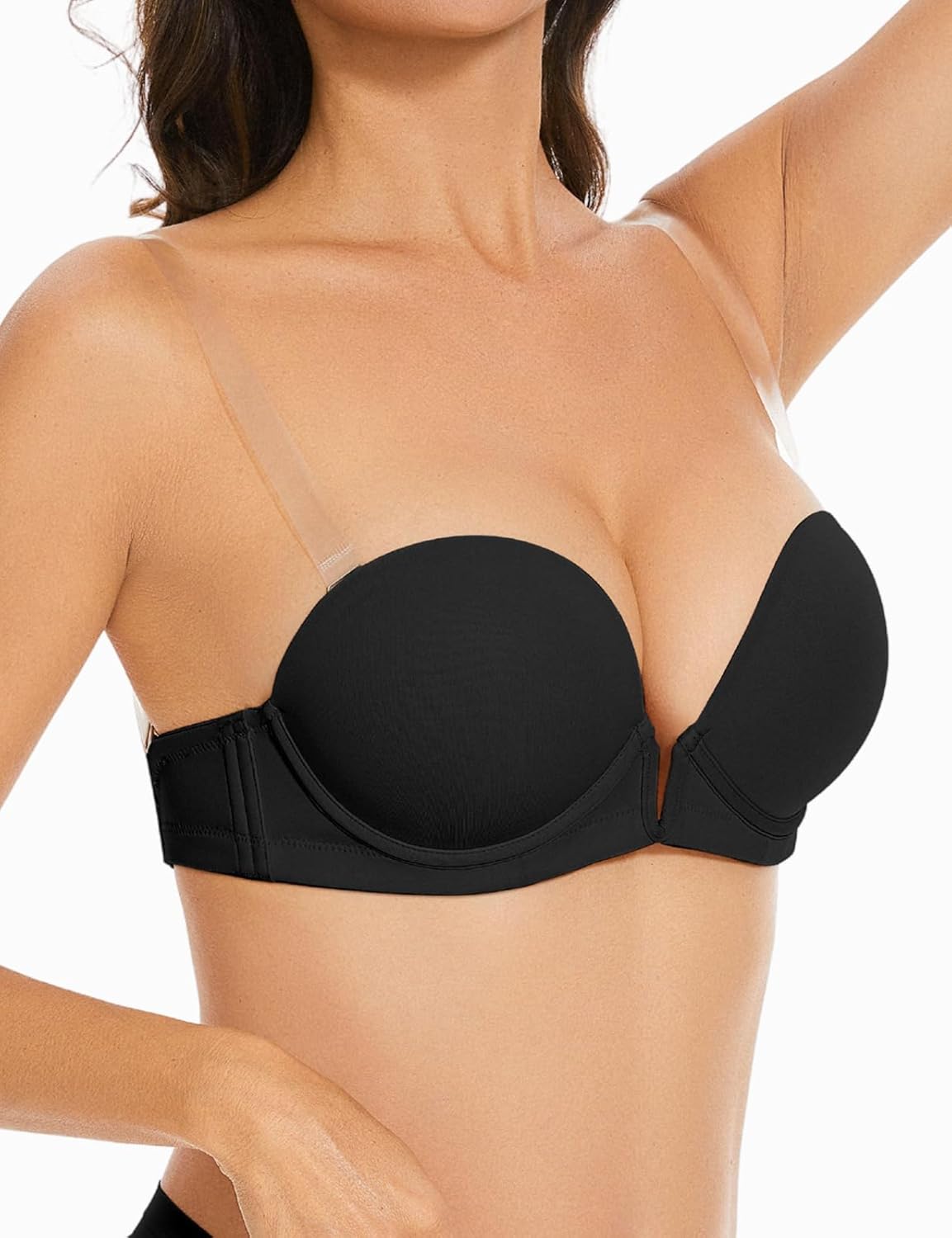 YBCG Women's Backless Bra with Clear Straps and Back Covertible Plunge Push up Padded Add A Cup Underwire Bras for Women - Image 2
