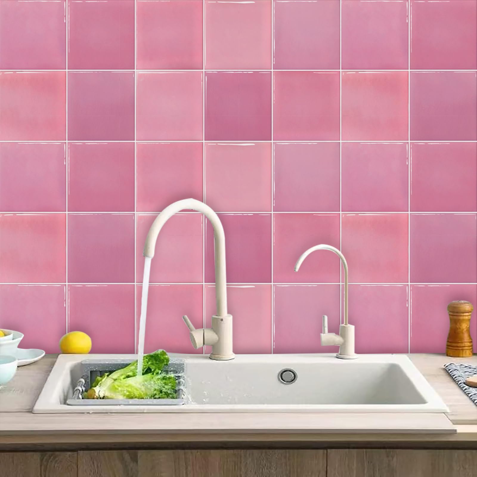 Kitchen Tile Stickers 20x20cm Gradient Pink Stick on for Bathroom Wall Tiles Backsplash Self-Adhesive Vinyl Home Decoration（18 Pieces）