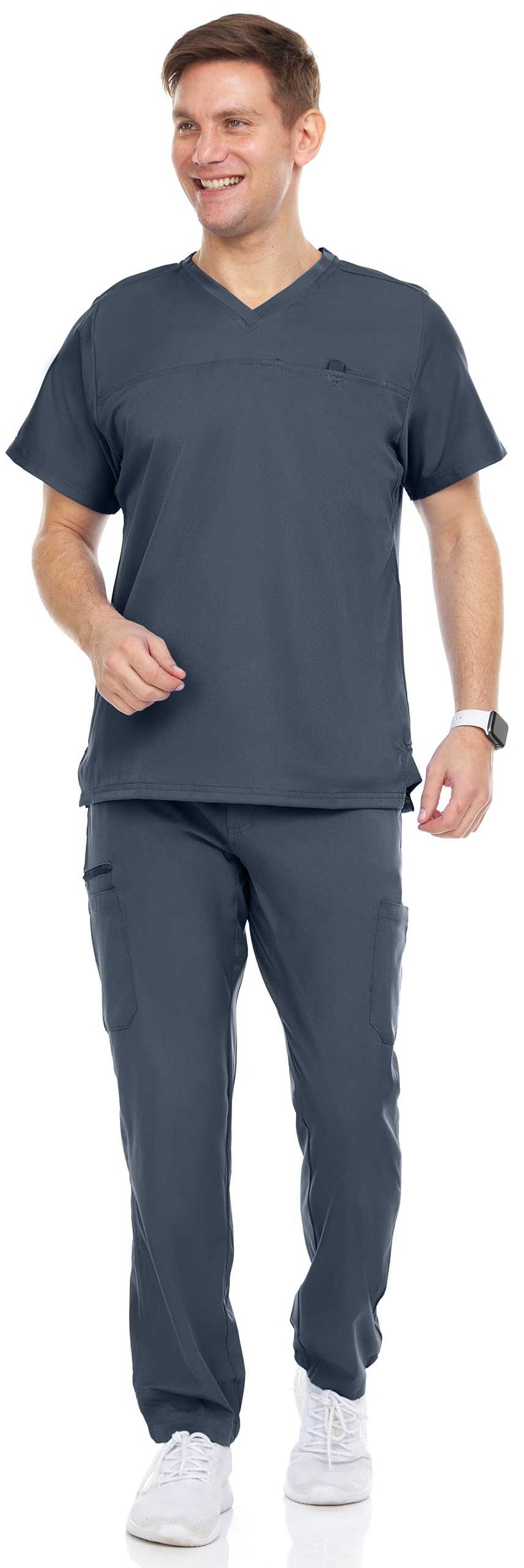 MediChic Men's Workwear Stretch V-Neck Scrub Set with Seven-Pocket Straight Scrubs Pants Set, Available in 6+ Colors