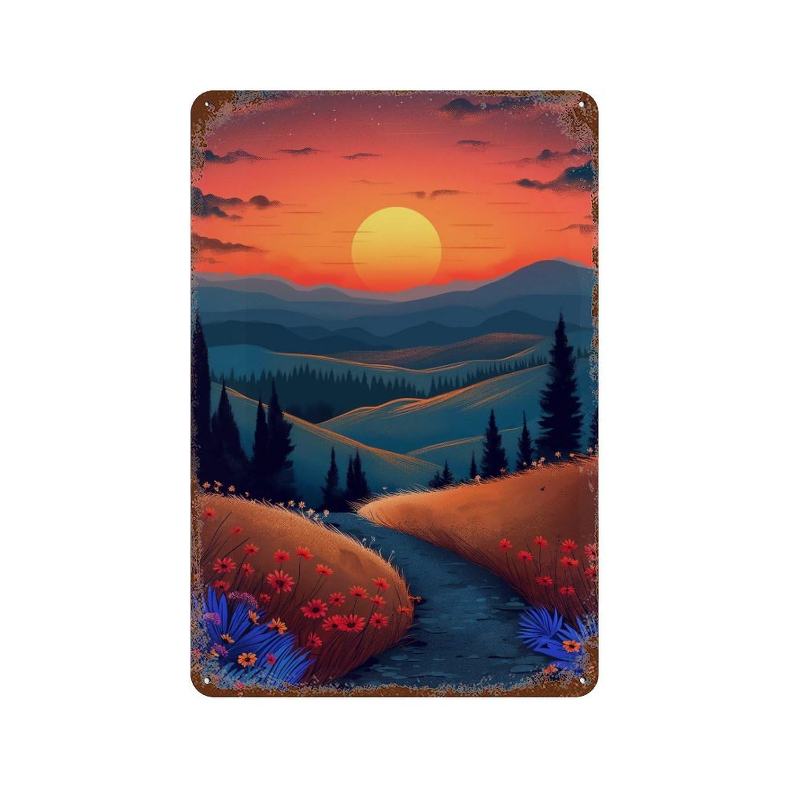 Sunset Over Rolling Hills Retro Metal Sign 11.8"x7.9", Shabby Chic Decor for Bistro, Counter And Cafe Decor