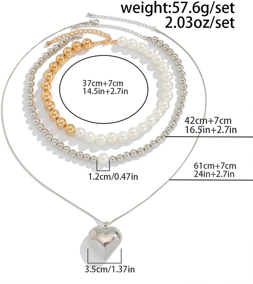 Dainty Layered Silver Beaded Pearl Heart Gold Necklaces for Women Statement Chunky Beads Love Heart Pendant Choker Necklace Charm Party Jewelry Gifts - Image 2