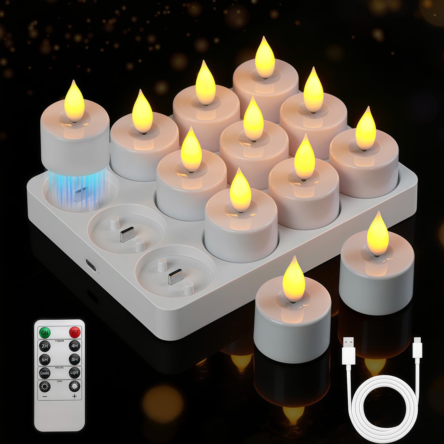 Lacasa Candele LED Ricaricabili con Telecomando, 12 Tea Light Senza Fiamma con Base USB-C, Effetto Tremolante Realistico, Timer e Luce Calda per Natale, Matrimonio e Casa