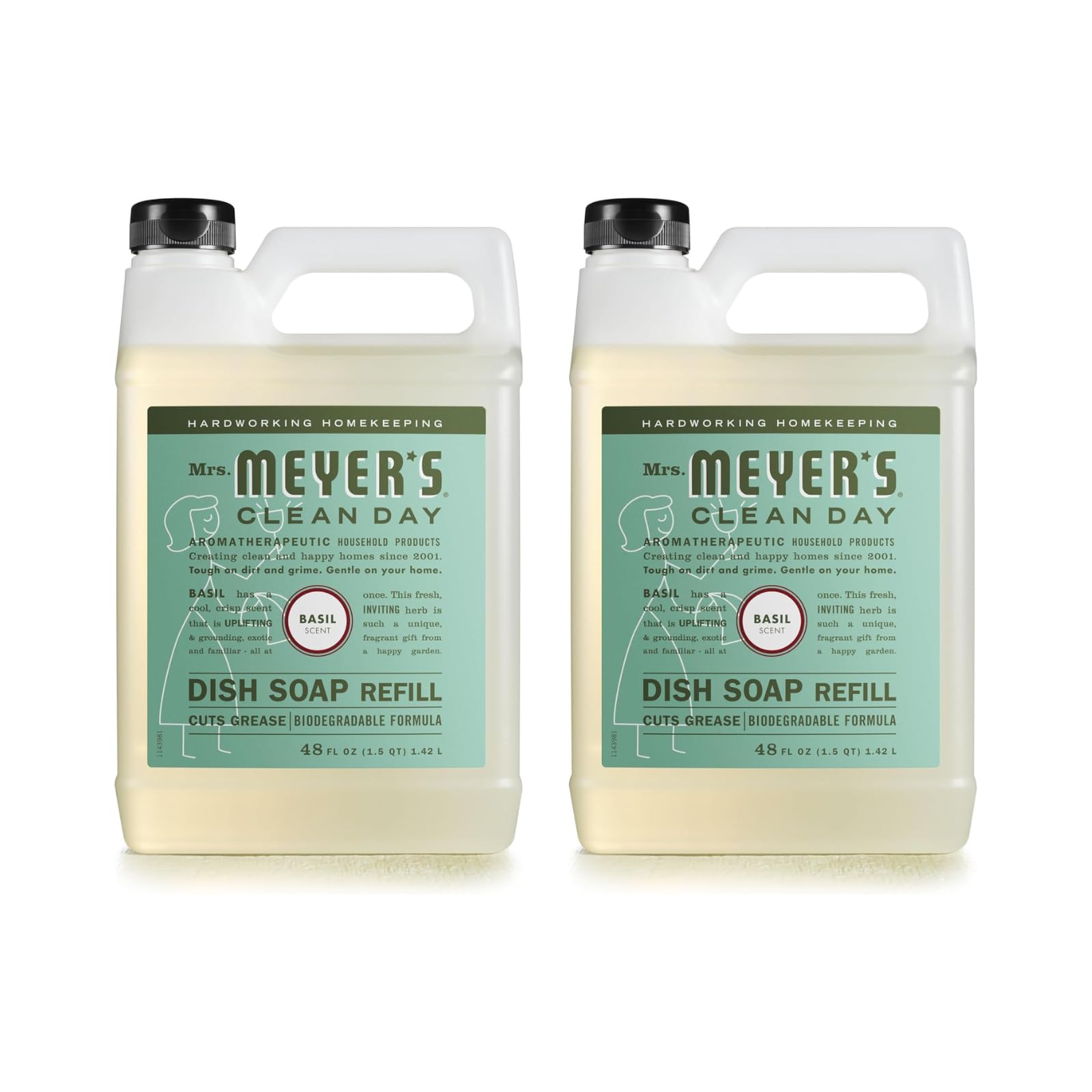 MRS. MEYER'S CLEAN DAY Liquid Dish Soap Refill, Biodegradable Formula, Basil, 48 fl. oz (Pack of 2)