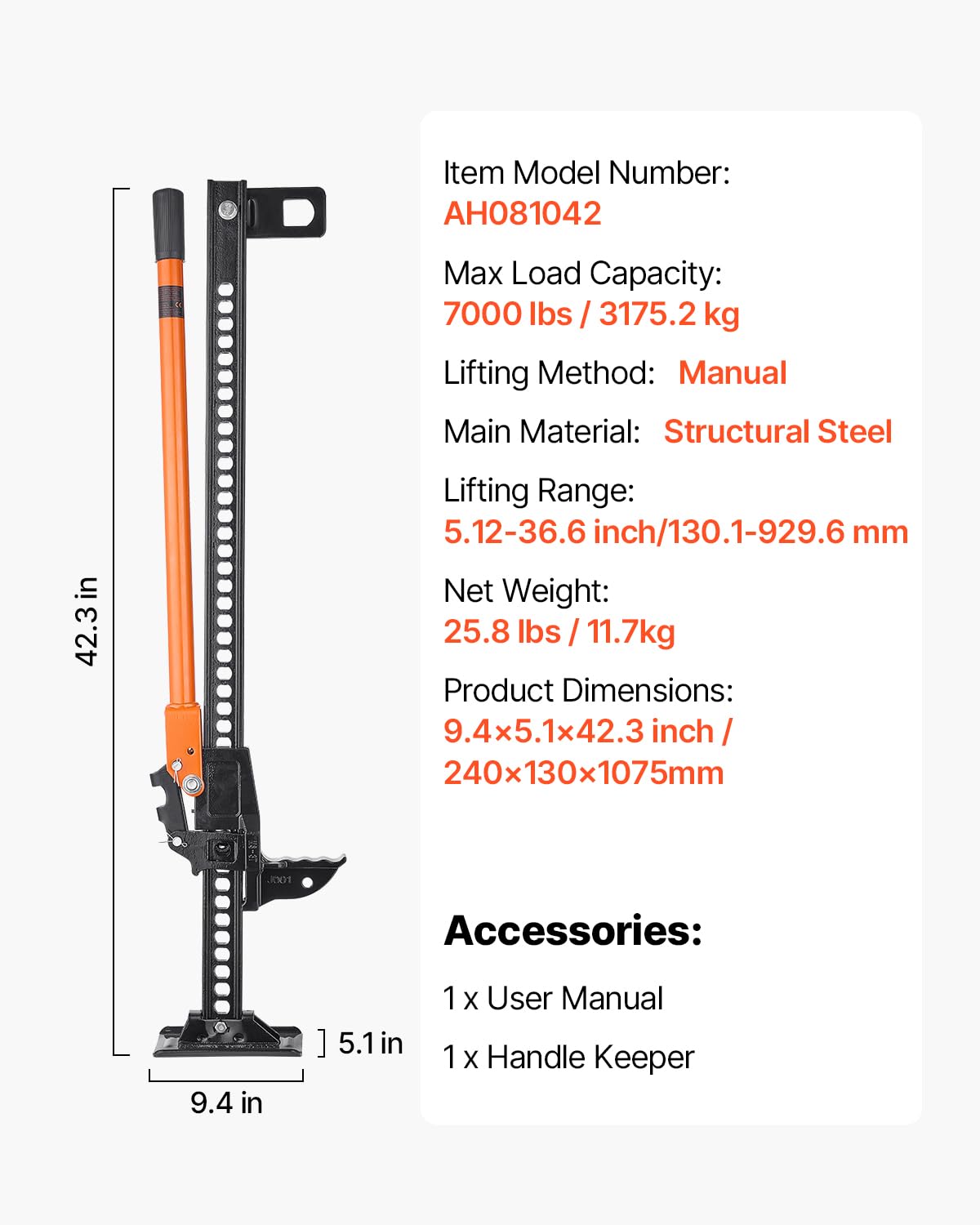 VEVOR Gato Agrícola 107,5 cm con Elevación Alta y Trinquete Carga Máxima de 3,18 T para Uso Todoterreno de Alta Resistencia con Rango de Elevación de 130,1 a 929,6 mm para Tractor, Camión, SUV