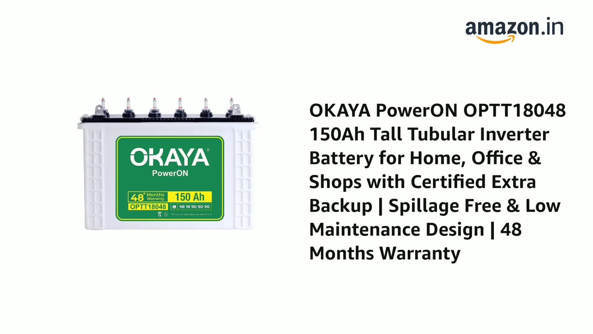 OKAYA PowerON OPTT18048 150Ah Tall Tubular Inverter Battery