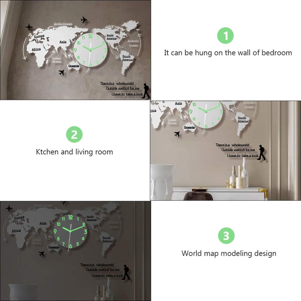 HEALLILY World Map Wall Clock World Map Digital Hanging Clock Glow in The Dark Wall Supplies for Office Home 80cm Silver