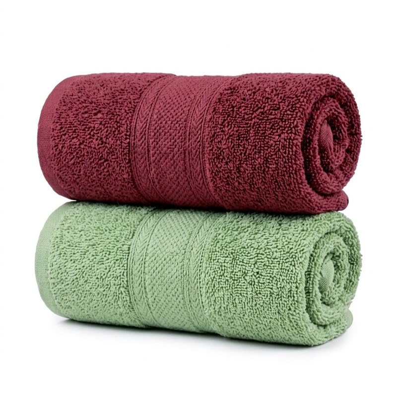Image of TowelWala Hand Towel 550 GSM Soft Absorbent Quick Dry (Maroon /Green) | Premium 550 GSM cotton with woven border-quick drying and perfect for bathroom, kitchen, gym, and travel.