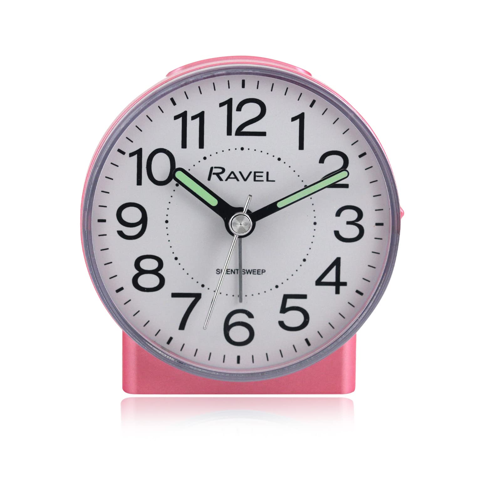 Ravel Gloss White / Metallic Pink - Round Mid Sized Bedside Quartz Alarm Clock - Rc039.5 - White/Metallic Pink
