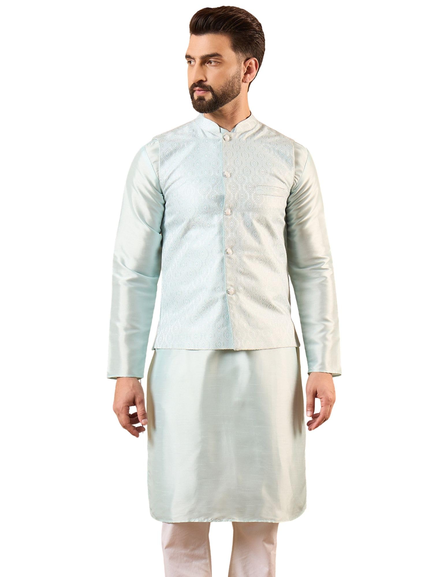 Mens Blue Jacquard Woven Design Mandarin Collar Koti | Men's | Koti's for Men | Woven Design Kotis for Men's-image-44