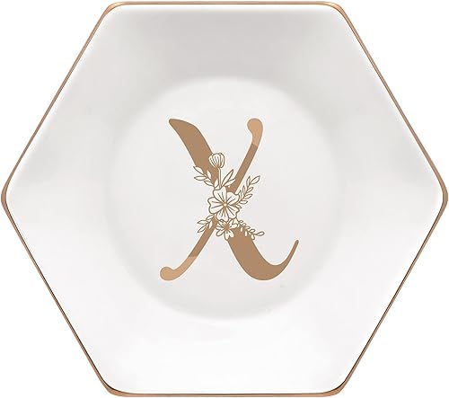 CARAKNOTS Bandeja de joyería, regalos de Navidad, plato con anillo en X con monograma floral dorado, regalos personalizados para mujeres, plato de