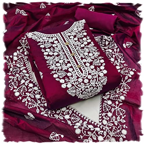 Image of Y2Y Women's Heavy Cotton Embroidery Work Unstitched Salwar Suit Dress Material With Chanderi Work Dupatta (Free Size Multi Color)