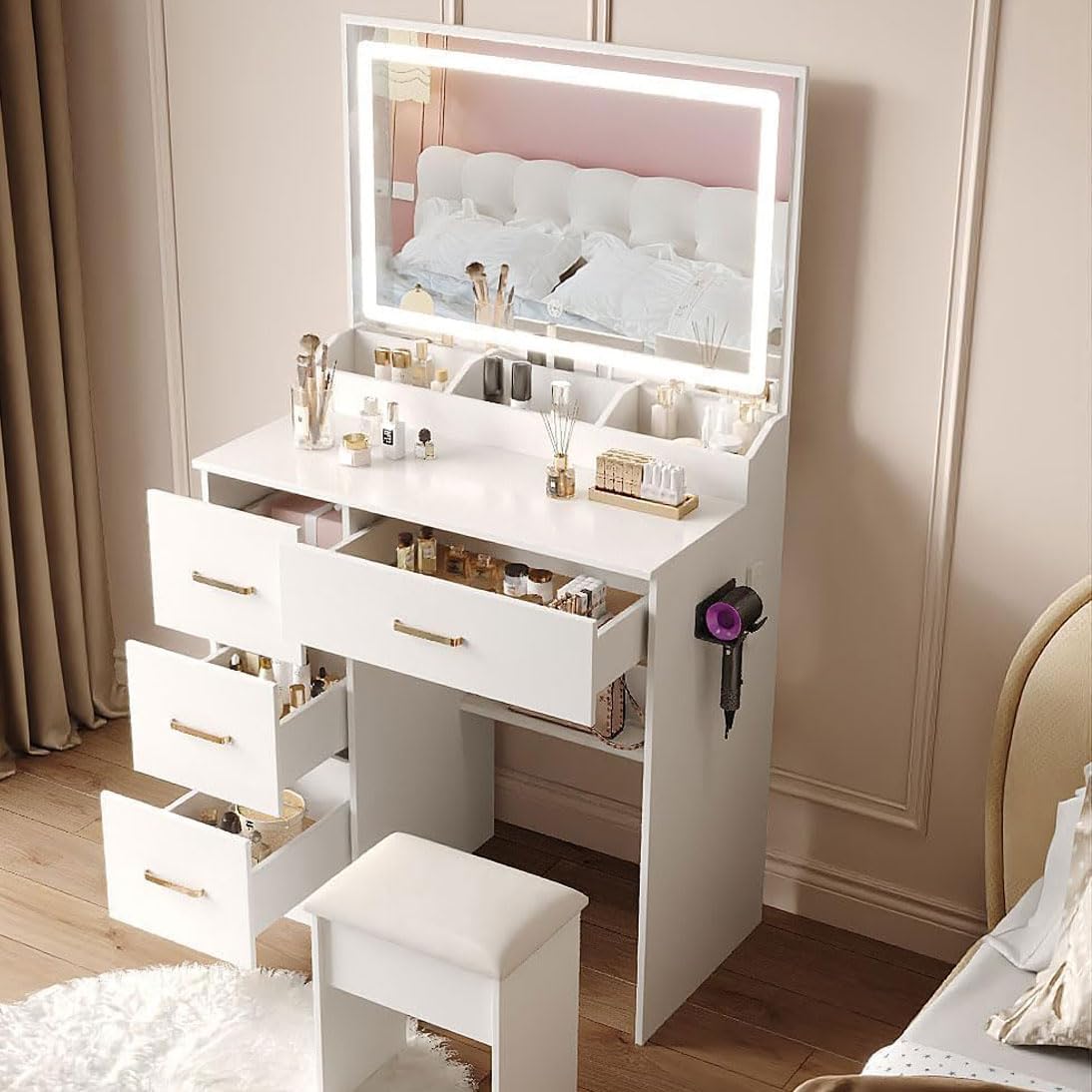 Set Da Trucco Tavolo Da Toeletta Per Trucco Con Specchio Scorrevole Illuminato, 3 Colori