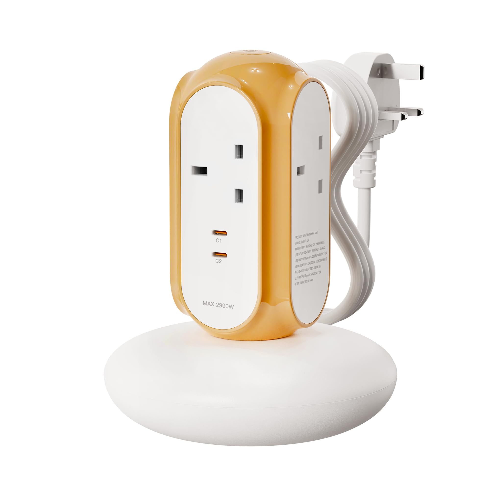 MiaoLab Tower Extension Lead with USB Slots (2 USB-C 30W PD/PPS), 3 Gang 2990W 13A Plug Extension Socket, 1420J Surge Protected, Switched, 2m Extension Cable, Flame Retardant V0 Housing