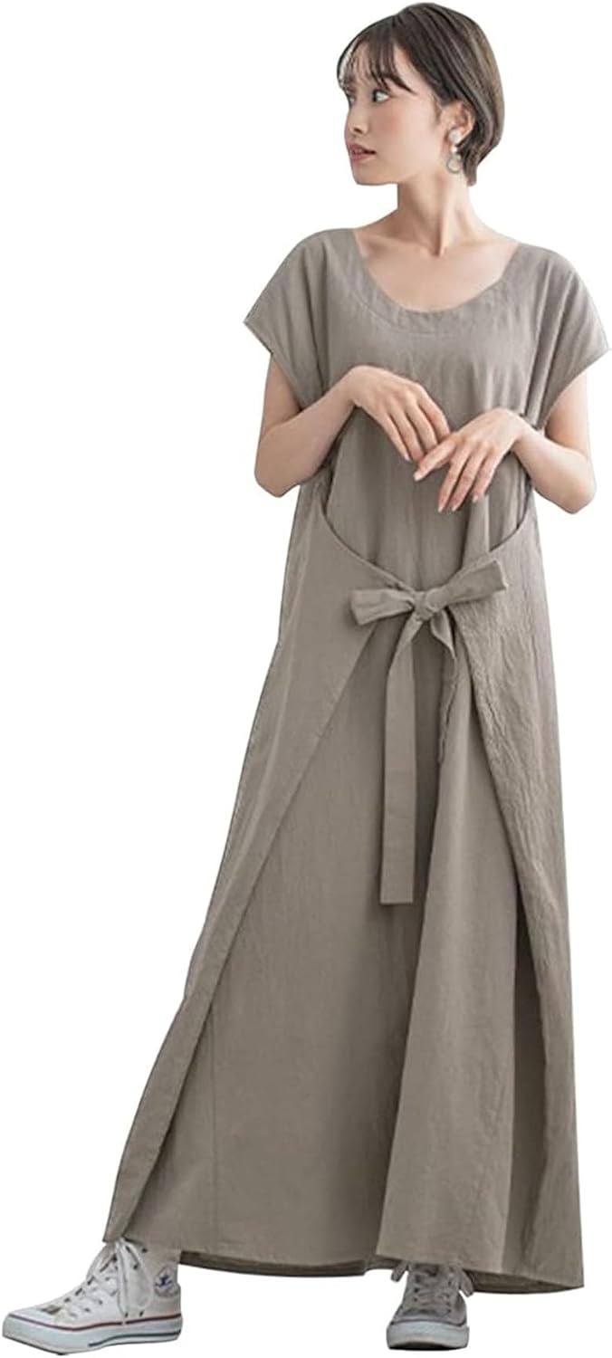 [SIPERLARI] ワンピース レディース 夏 着痩せ 丸首半袖 新5色入 無地 ロング ワンピース リボン 体型カバー 大きいサイズ クルーネック デイリーに大活躍 雑誌風