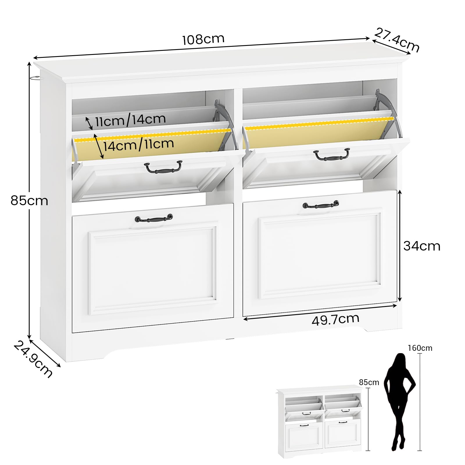 Brinlawb Meuble à Chaussures Entree, Armoire à Chaussures avec 4 Portes abattantes,Séparateur Réglable, Peut contenir 18 à 24 paires de chaussures Pour entrée, couloir, séjour, chambre,4 tiroirs Blanc